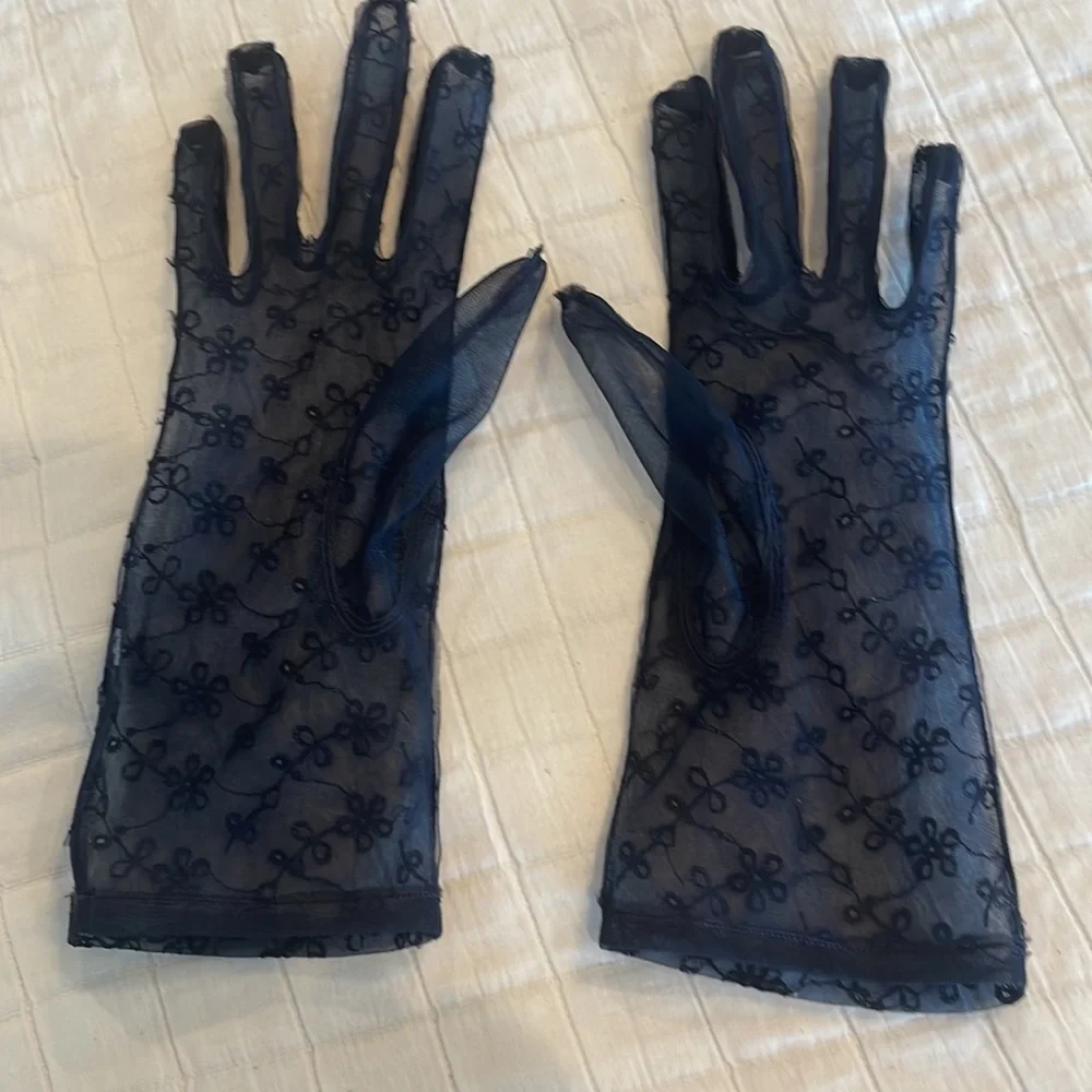 Gloves sheer lace floral black long vintage one size fits most women